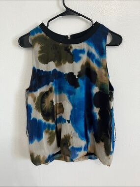DKNY Blue, Olive & Black Watercolor Print Sleeveless Shell Blouse Large